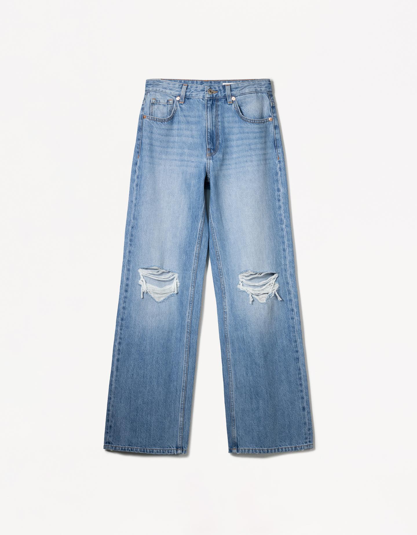 Bershka Wide Leg 90er-Jeans Mit Zierrissen Damen 36 Ausgewaschenes Blau günstig online kaufen