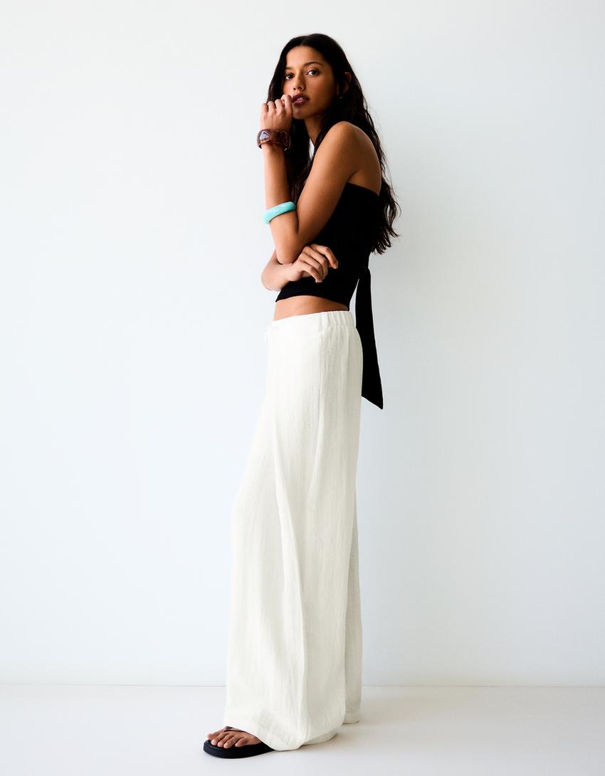 Wide-leg rustic pleated trousers-Off white