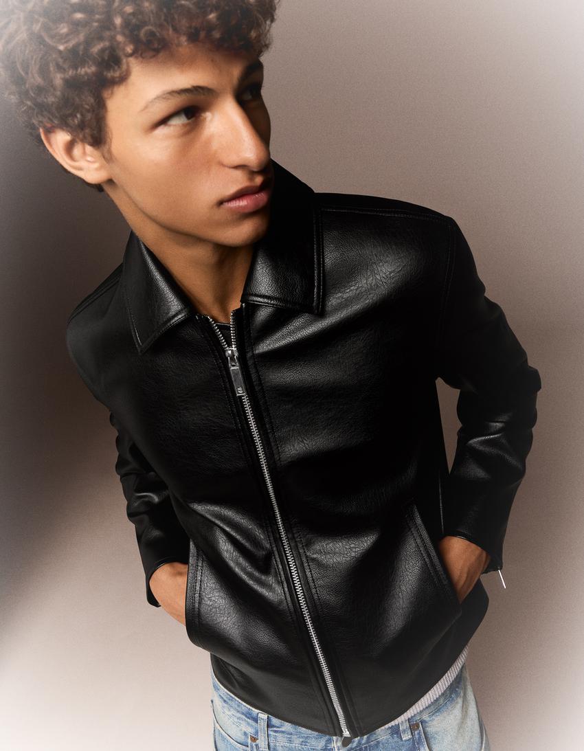 Boxy faux leather jacket-Black