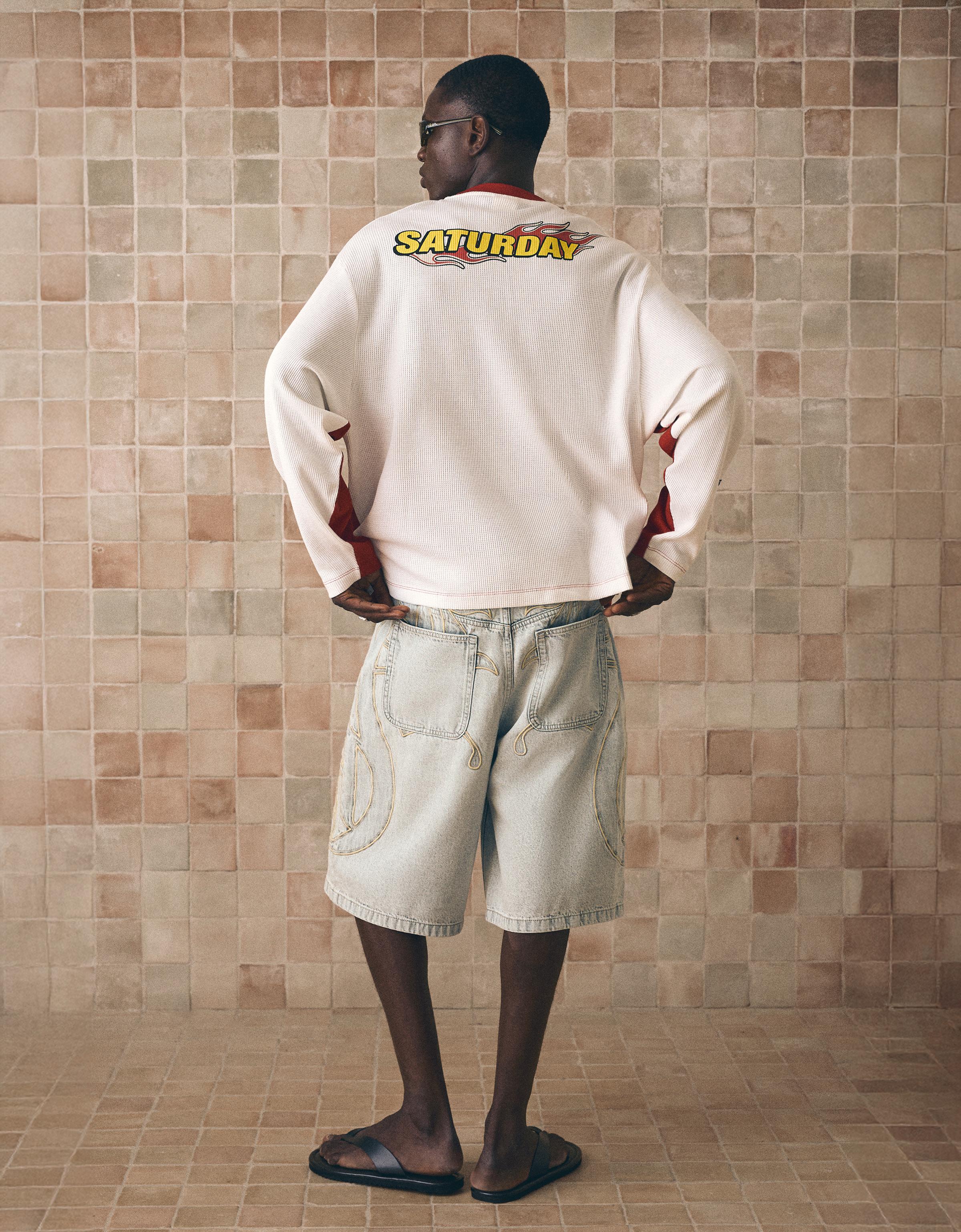 Denim Bermuda shorts with patches — Grey