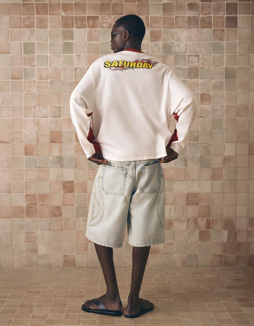 Denim Bermuda shorts with patches-Grey