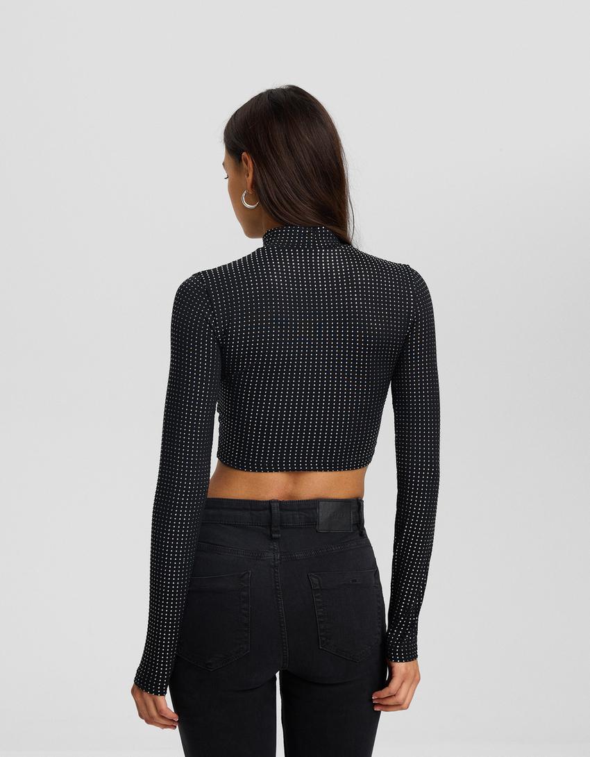 تيشرت لامع بأكمام طويلة وياقة عالية-رمادي-1