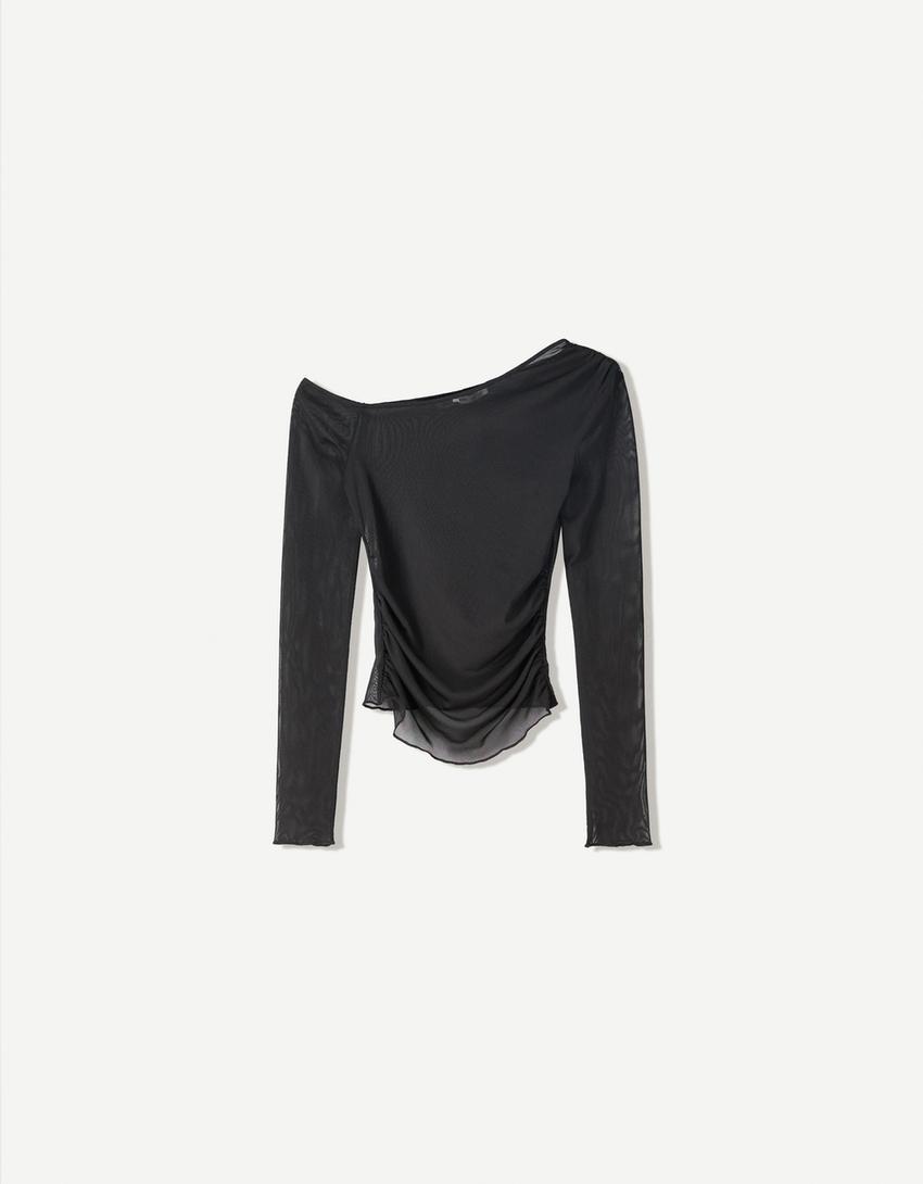 Long sleeve tulle T-shirt-Black-3