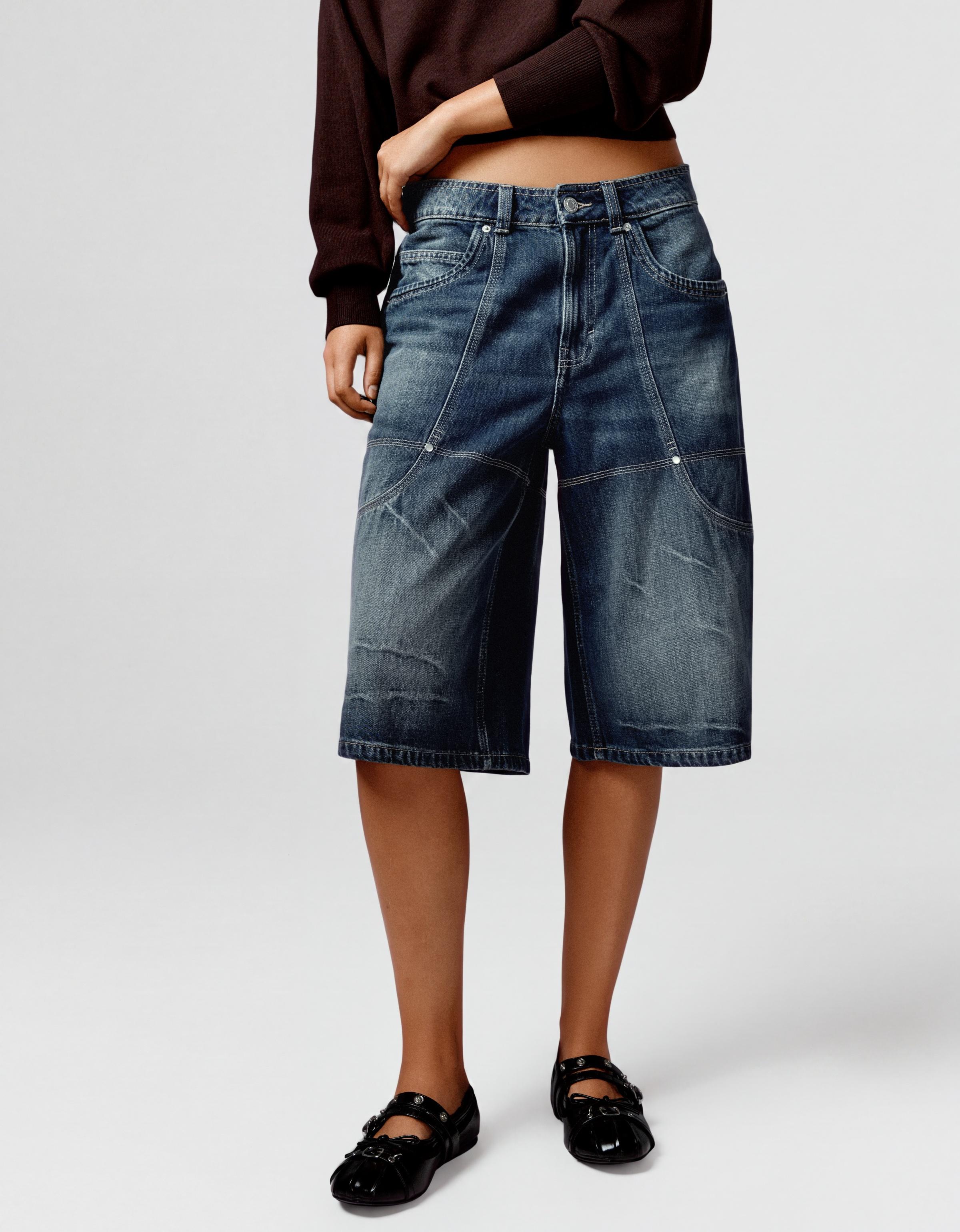 Long denim Bermuda shorts with pocket detail — Dark blue
