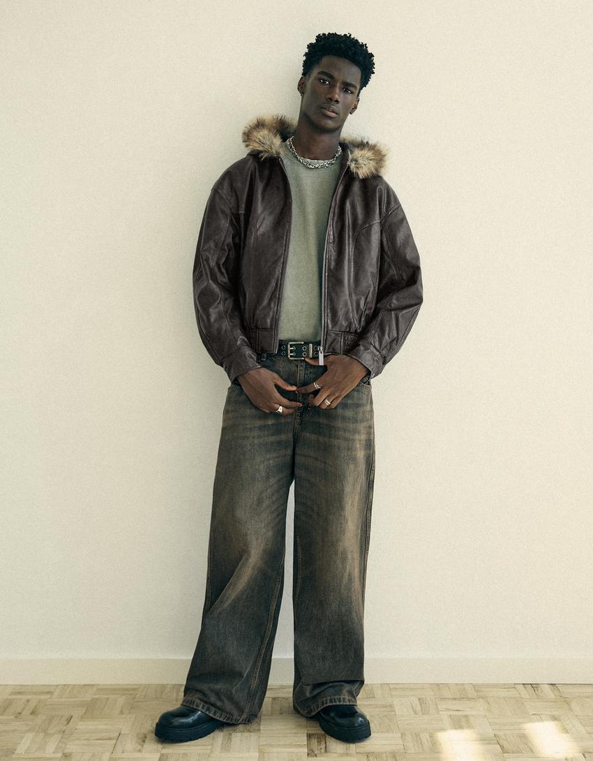 Leather effect jacket with faux fur hood-Brown
