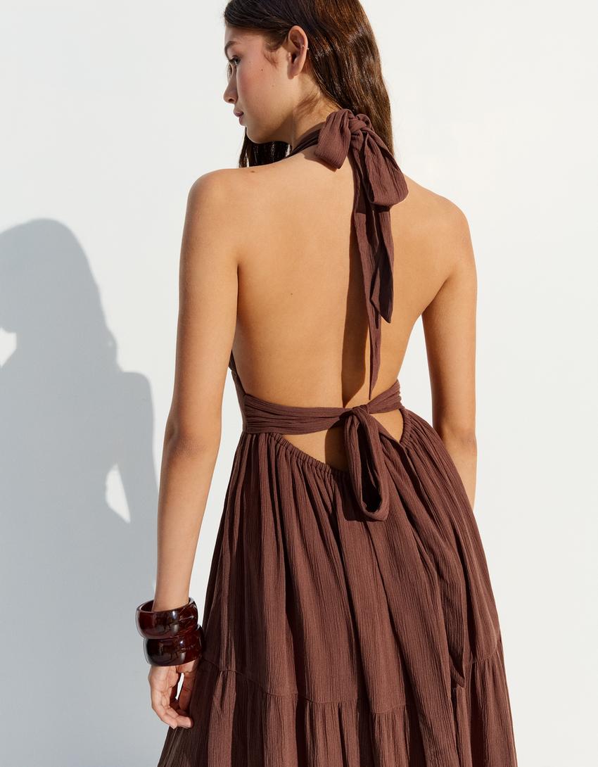 Rustic halter long dress-Brown