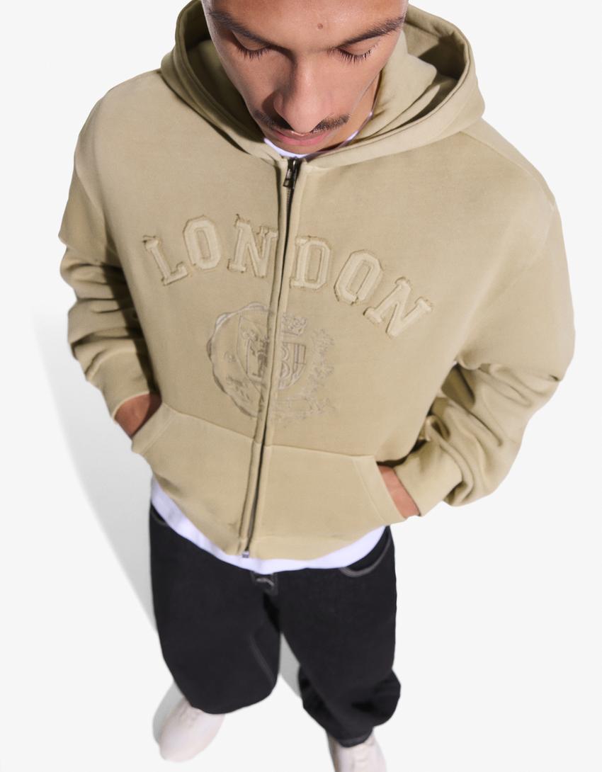 Sudadera cremallera boxy bordado-Arena