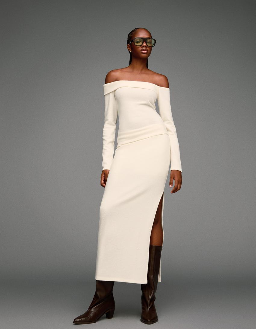 Soft knit midi skirt-Cream