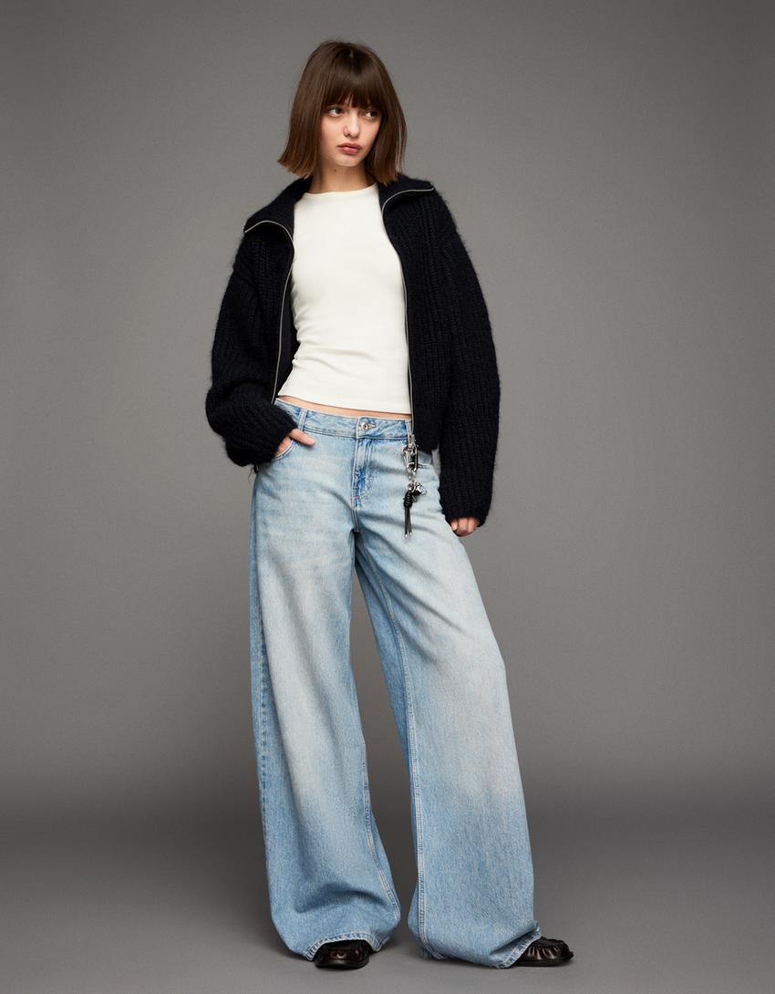 Wide-leg low-waist jeans-Light blue