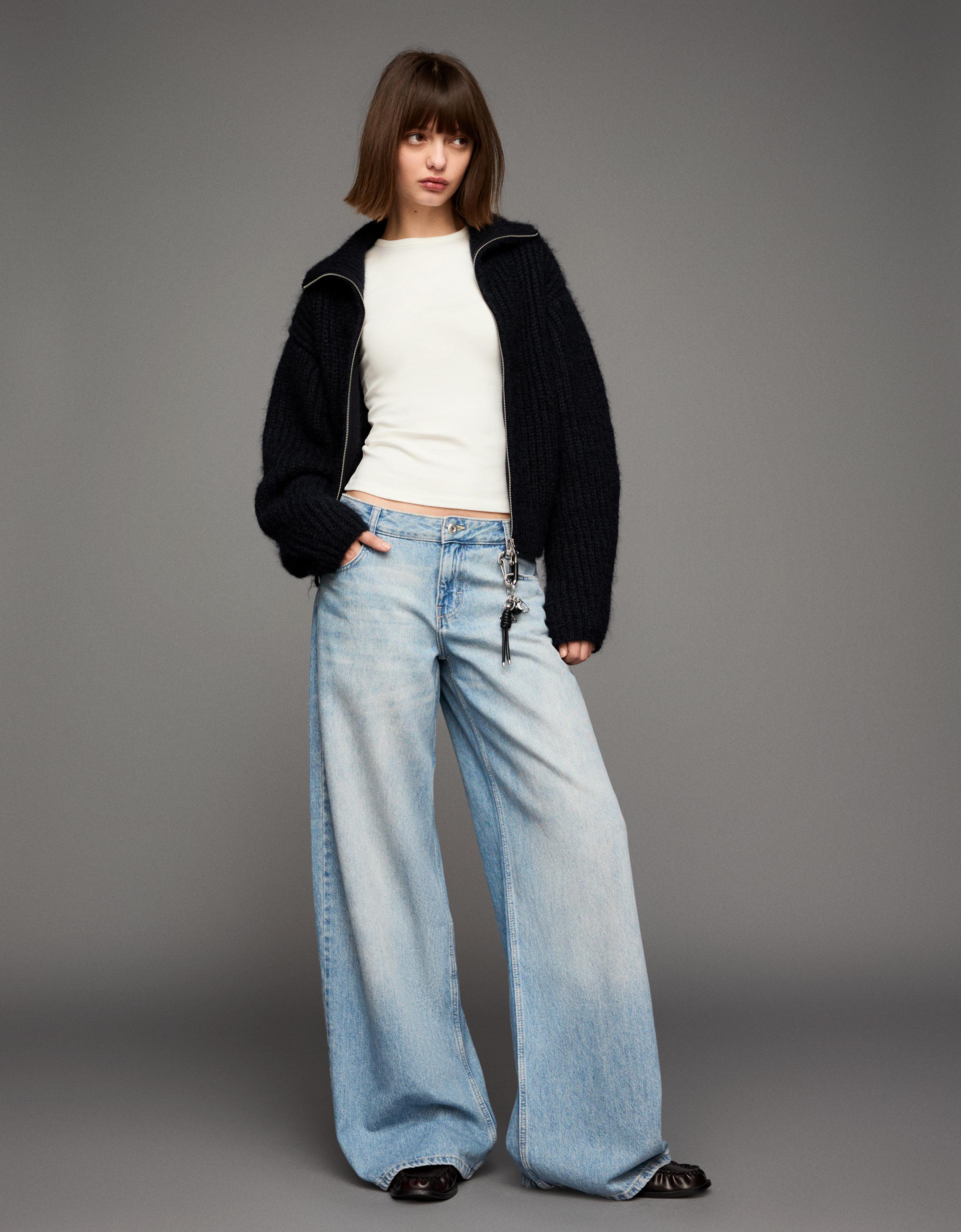 Bershka Low- Waist Jeans Mit Geradem Weiten Bein Damen 40 Ausgewaschenes Blau