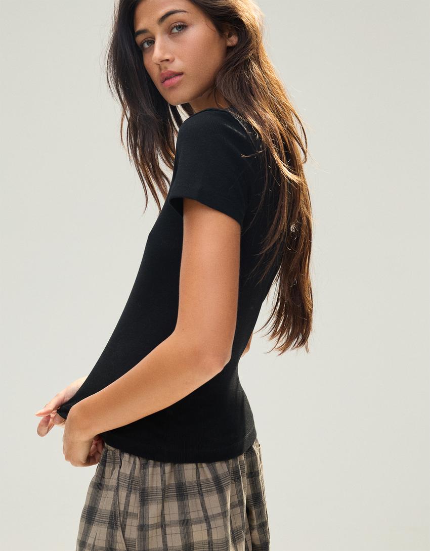 Basic ribbed short sleeve T-shirt-Black