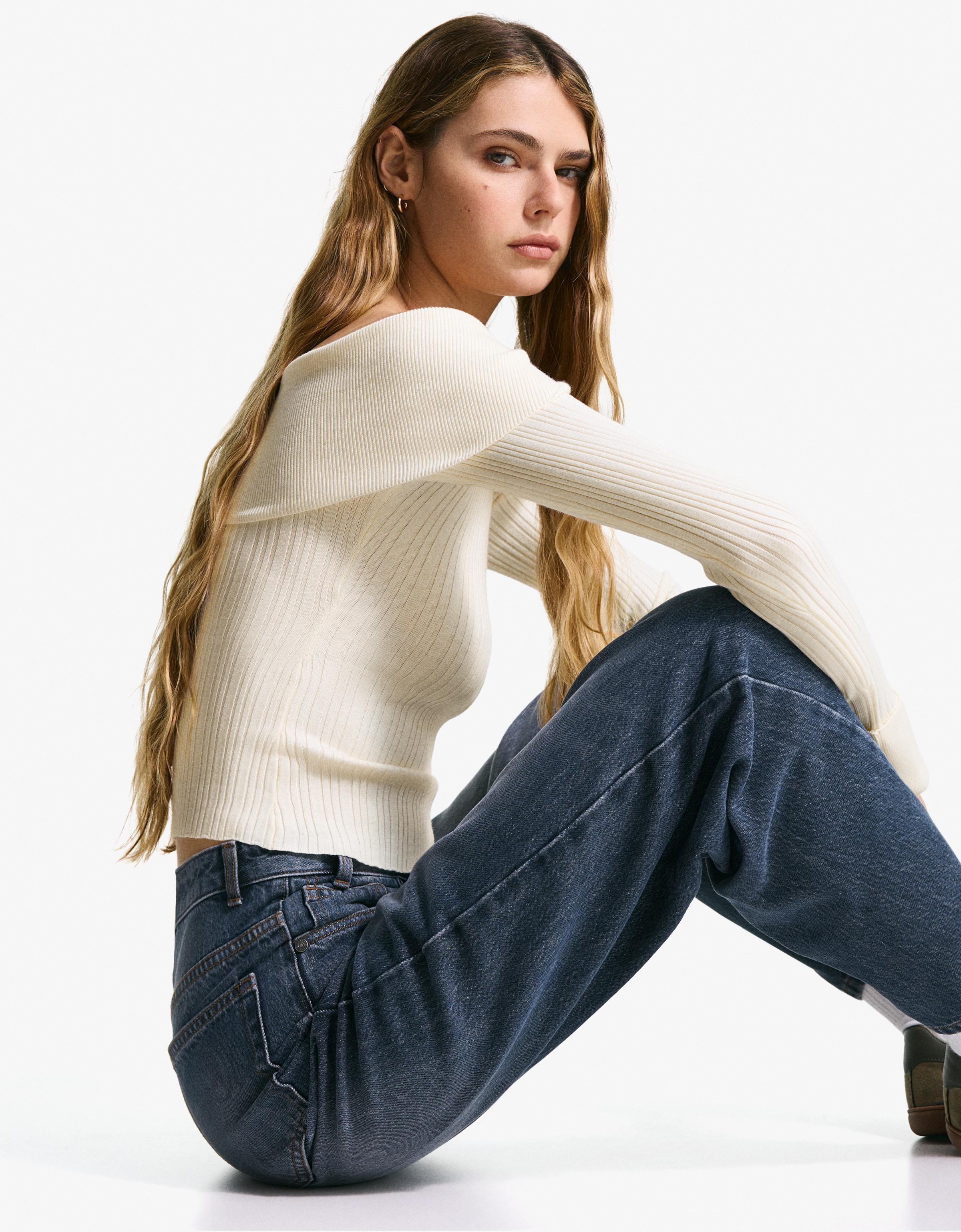 Bershka Bardot-Pullover Mit Struktur Damen S Rohweiß