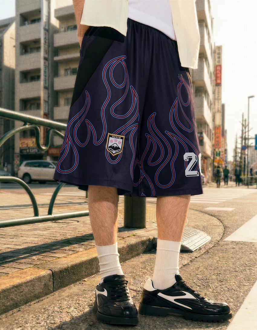 Printed Bermuda shorts with elastic waist-Navy