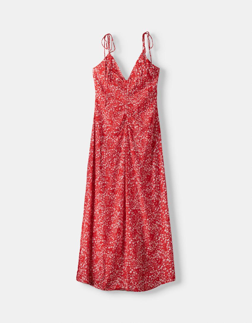 Midi dress with straps and gathered front-Red-4