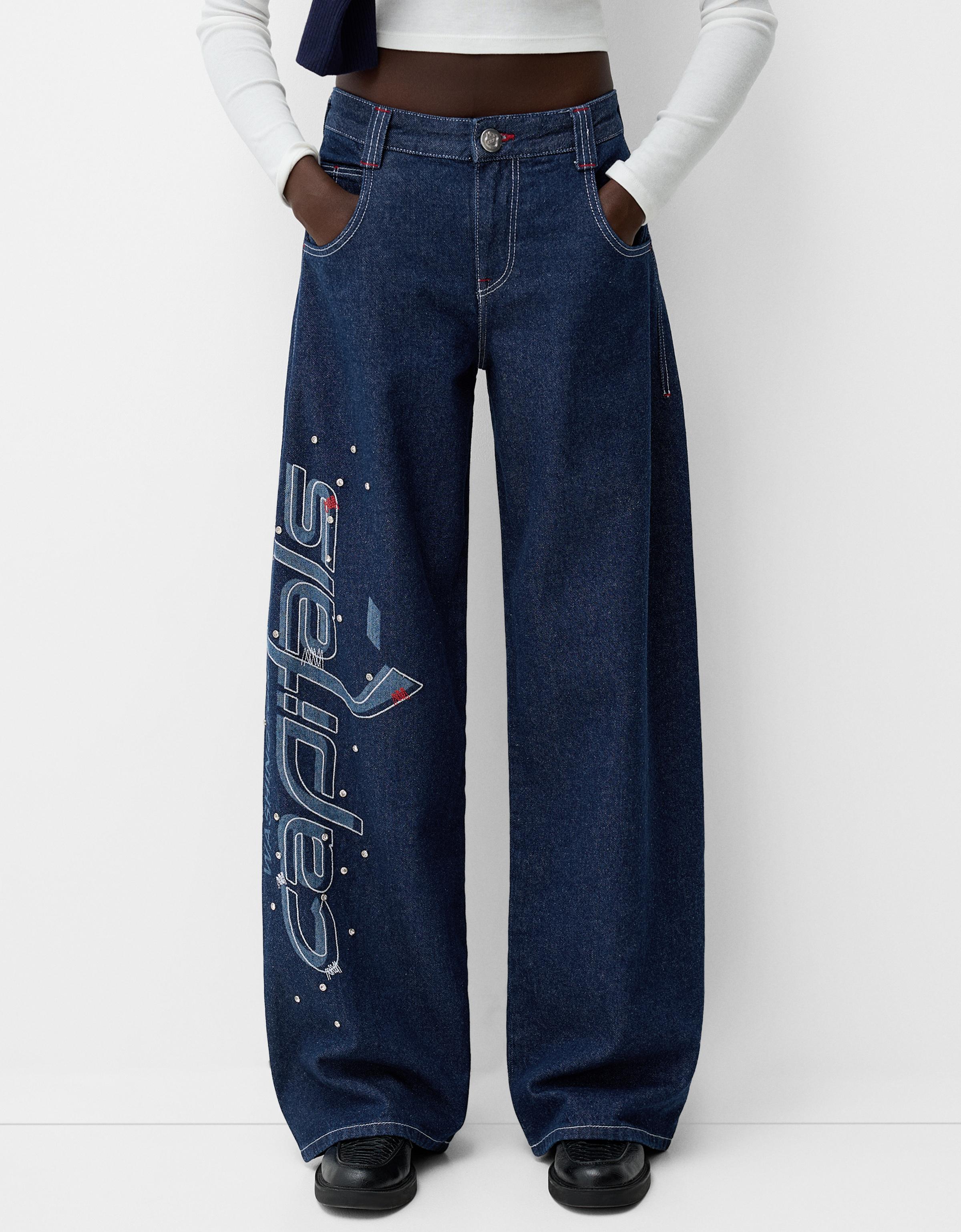 Bershka Jeans Nhl Im Baggy-Hosen-Stil Mit Patches Damen 40 Marinenblau