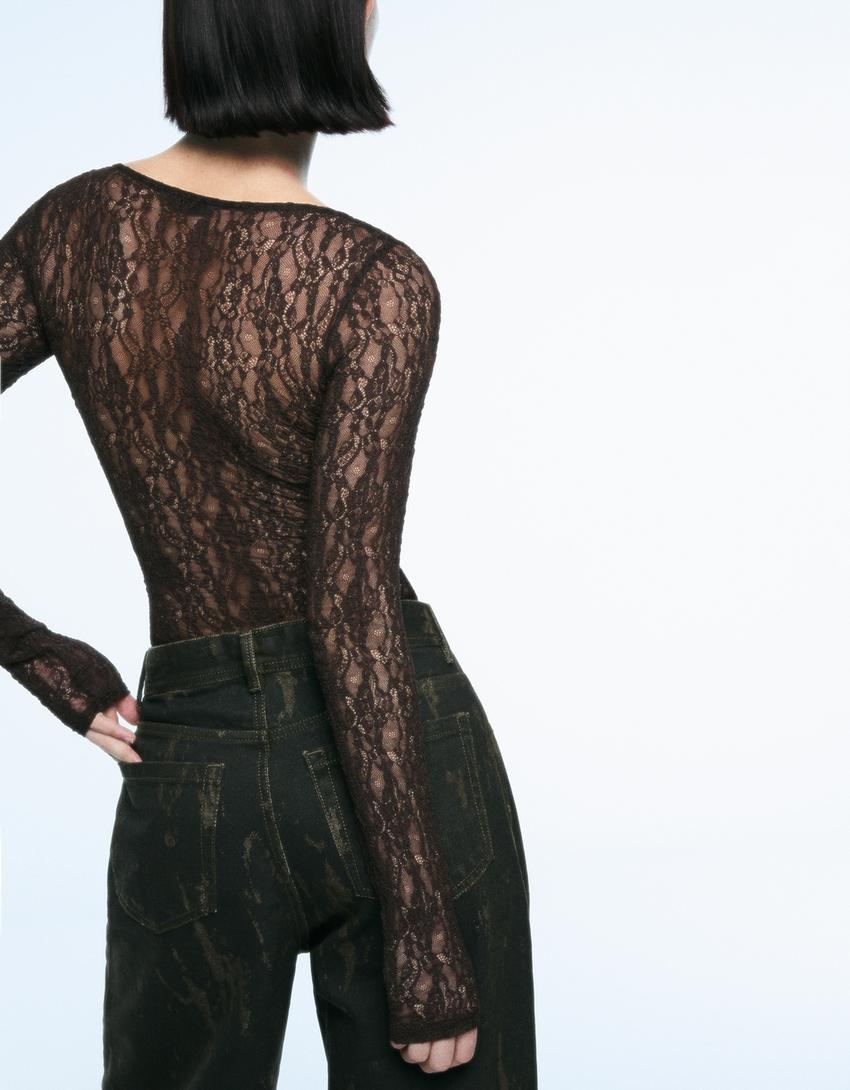 Uzun kollu dantel body-Kahverengi