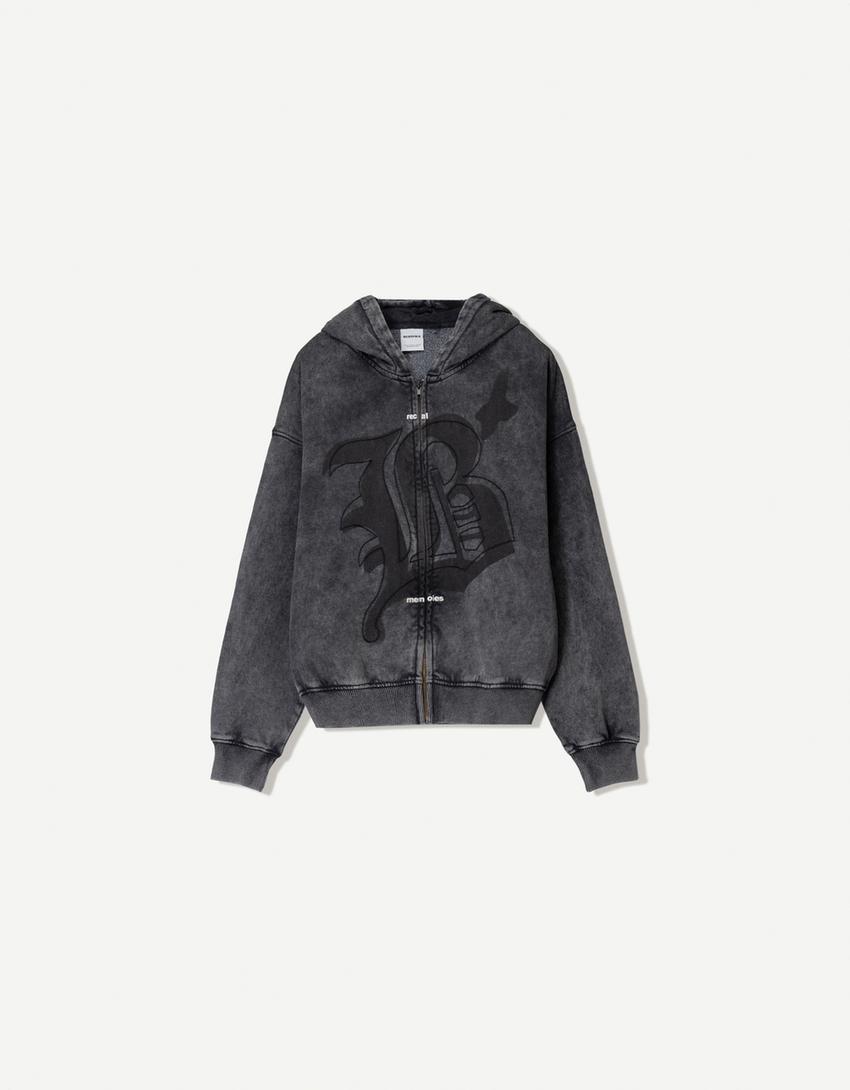 Sudadera capucha cremallera print-Gris-4
