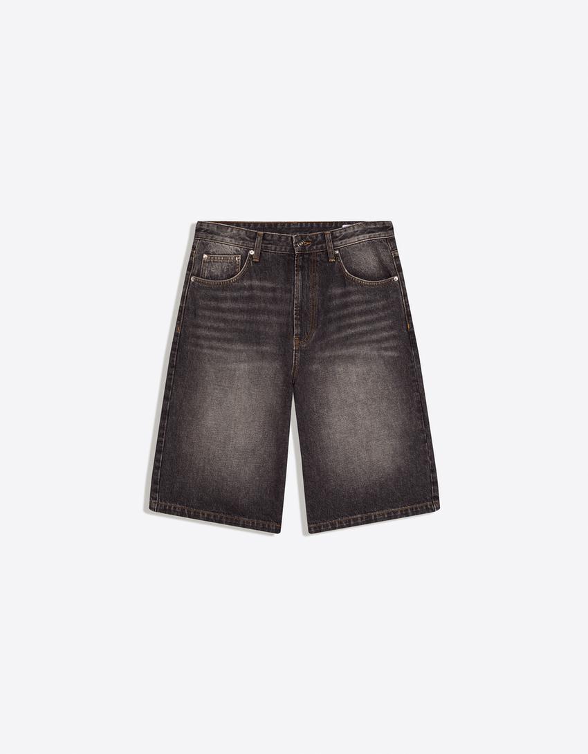 İşlemeli denim bermuda-Siyah