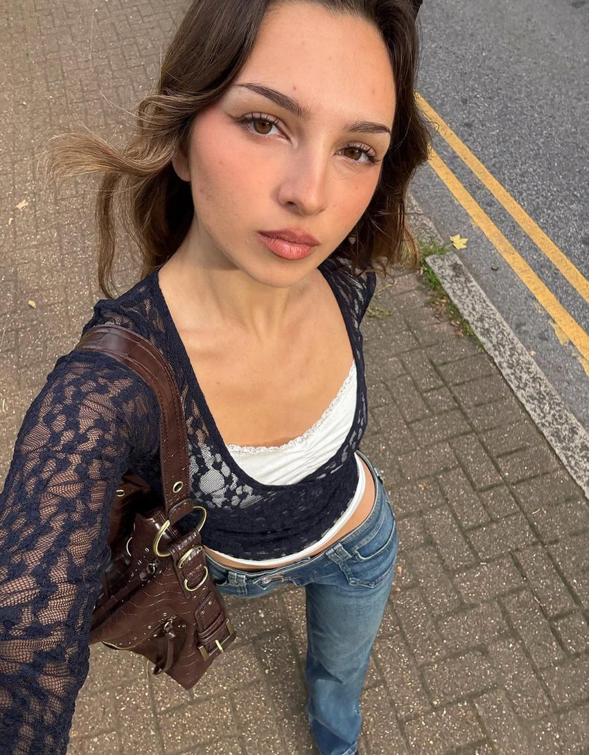 Long sleeve blonde lace T-shirt with knot-Navy