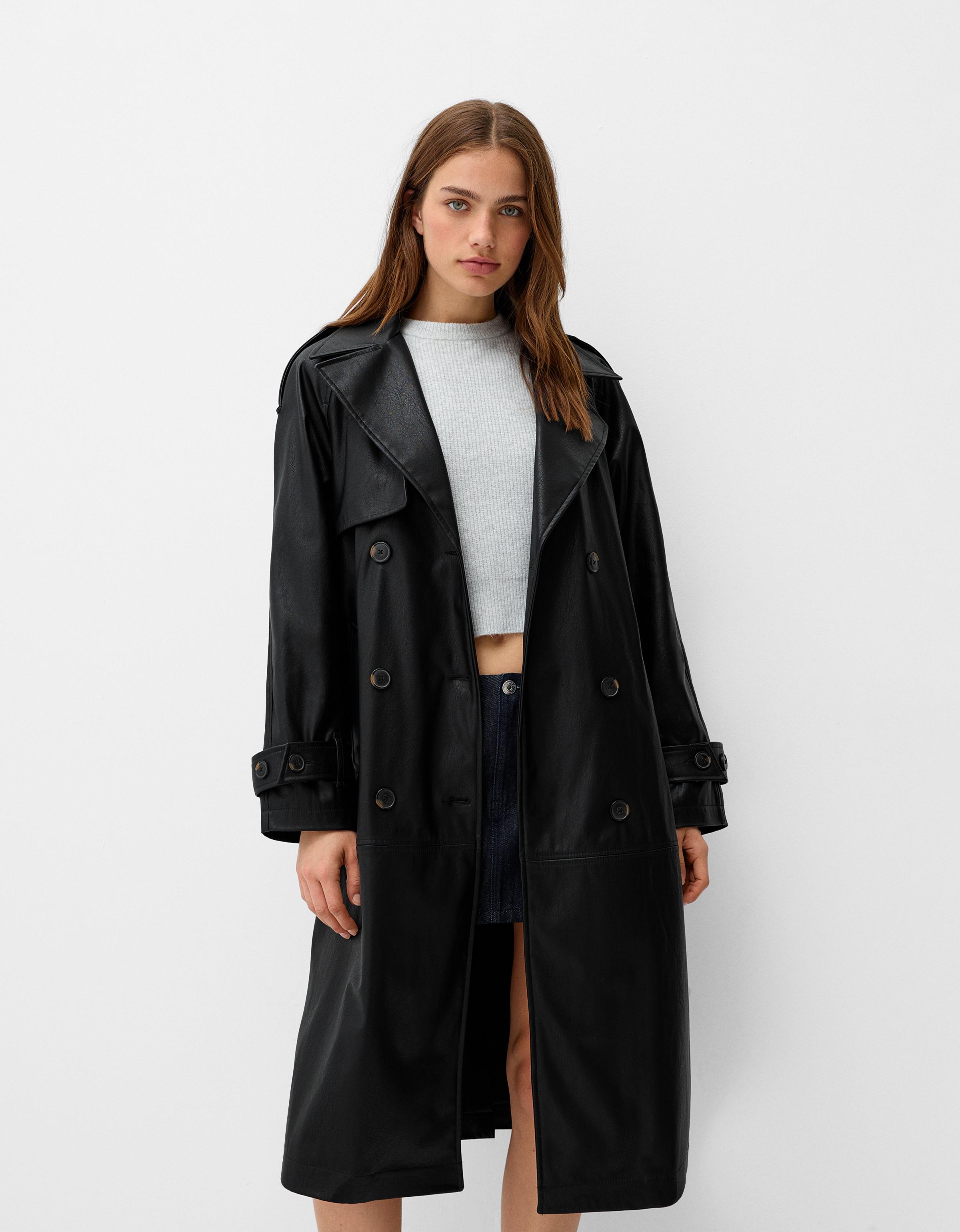 Bershka Trenchcoat Aus Kunstleder Damen L Schwarz