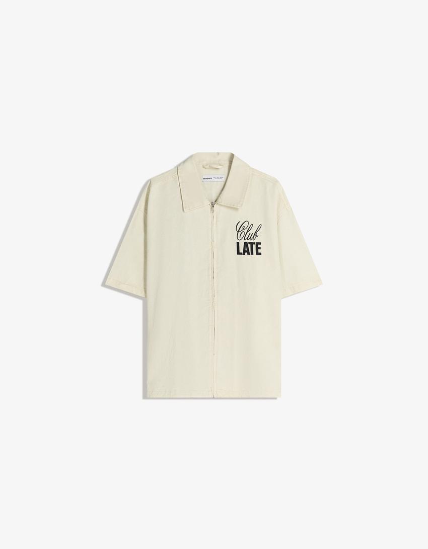 Boxy embroidered zip-up shirt-Cream