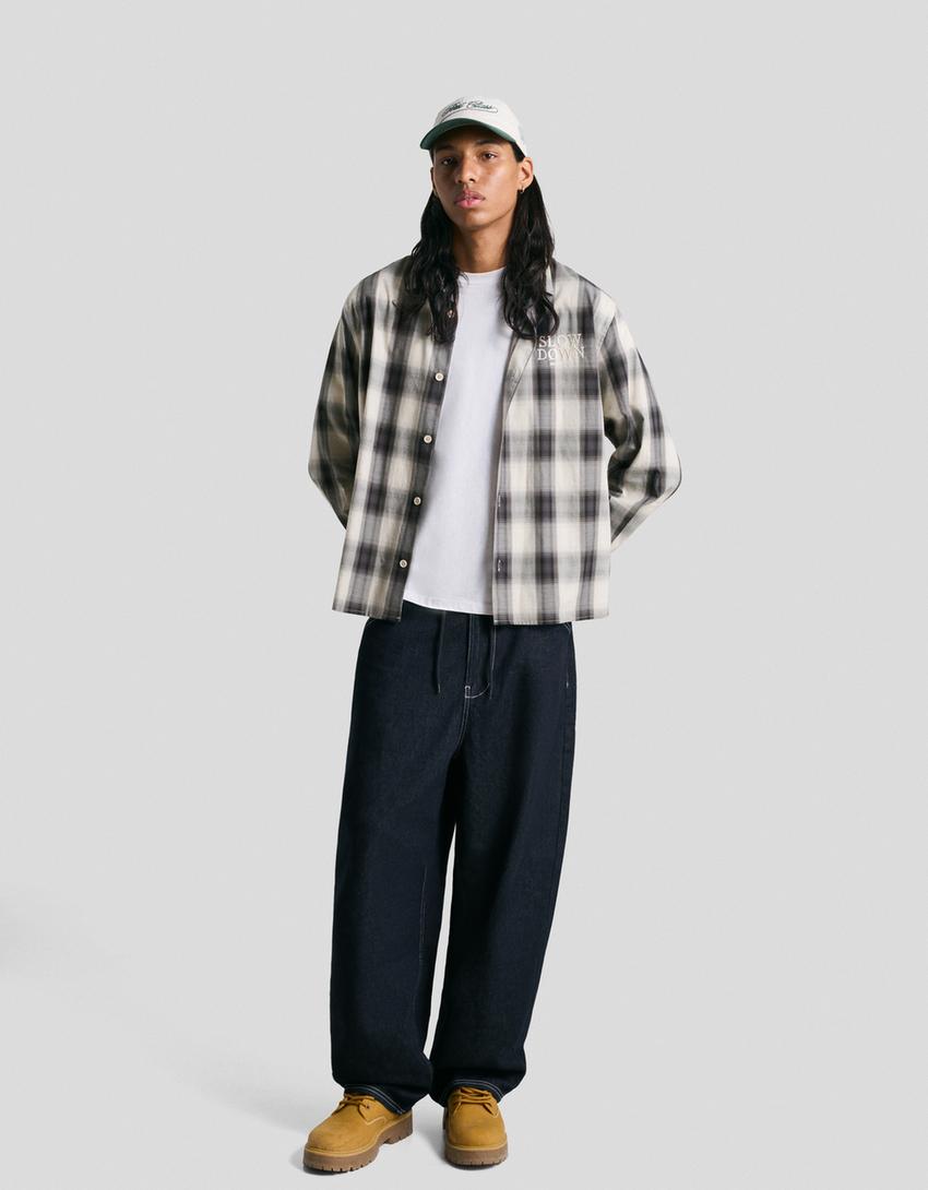 Long-sleeve embroidered check shirt-Grey