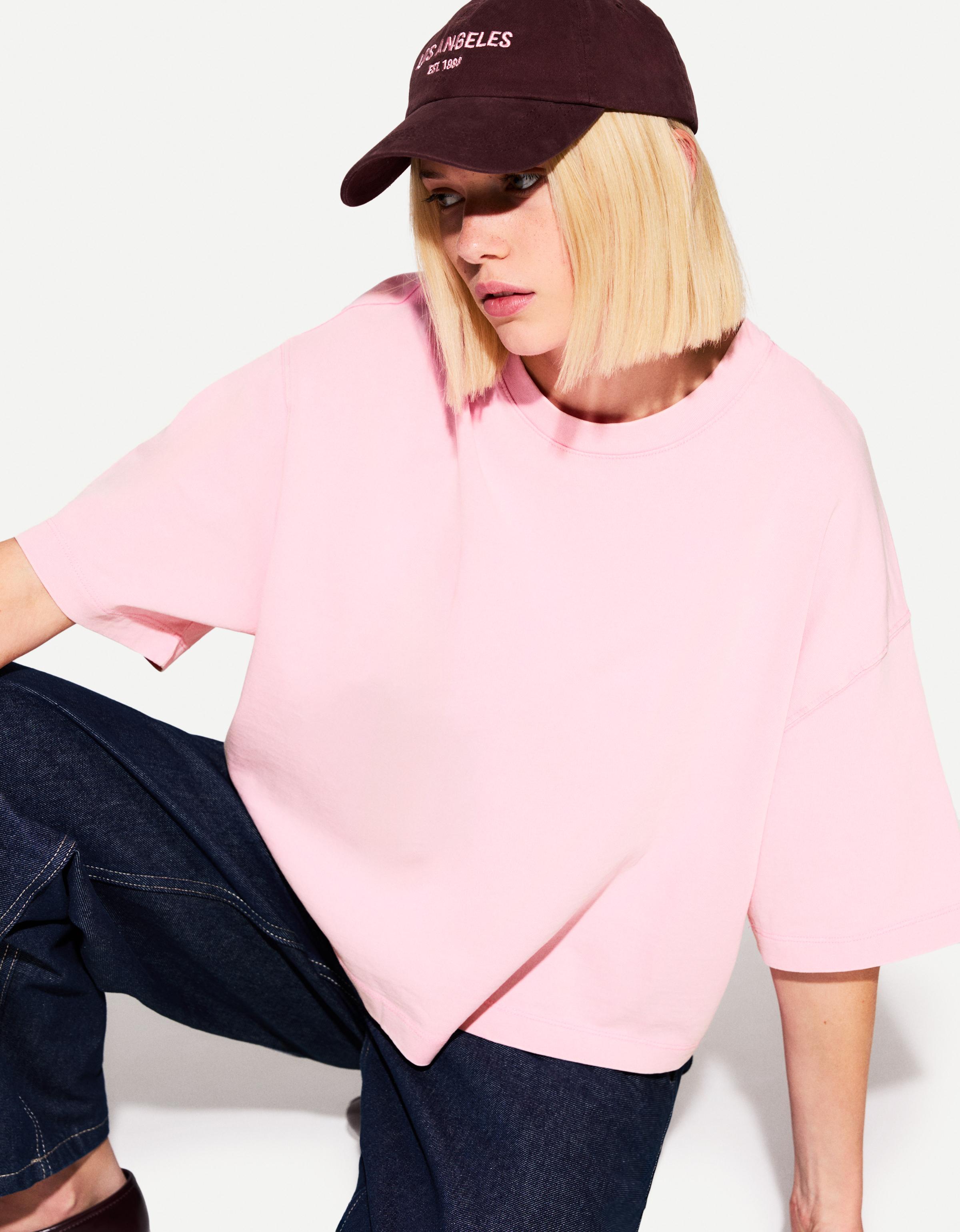 Bershka Oversize-T-Shirt Aus Schwerem Baumwollcotton Mit Kurzen Ärmeln Damen M Rosa