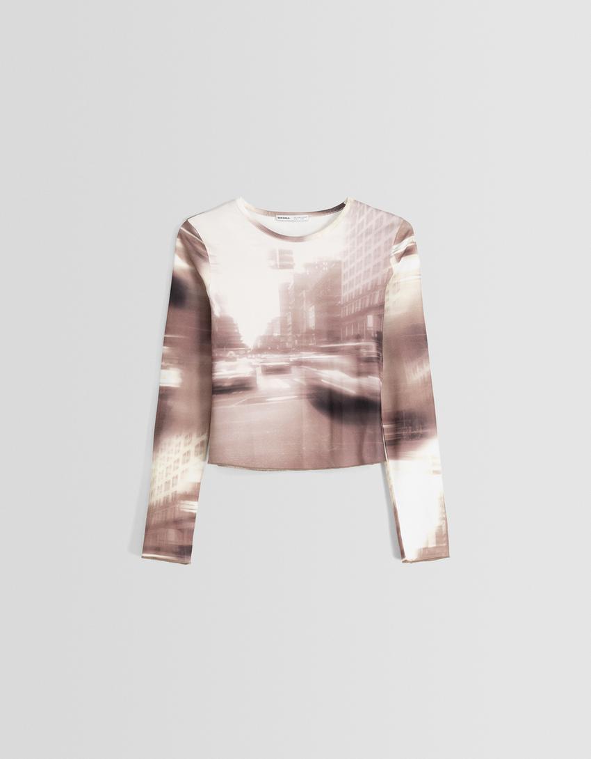 Top manches longues bord-côte imprimé-Écru-4