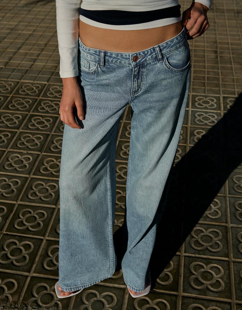Jeans wide leg tiro bajo-Azul lavado