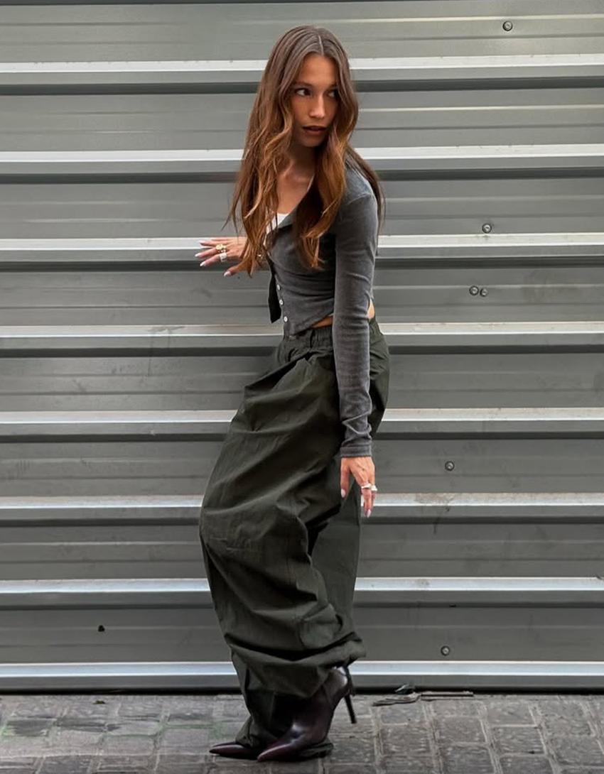 Balloon fit paraşüt teknik pantolon-Yeşil