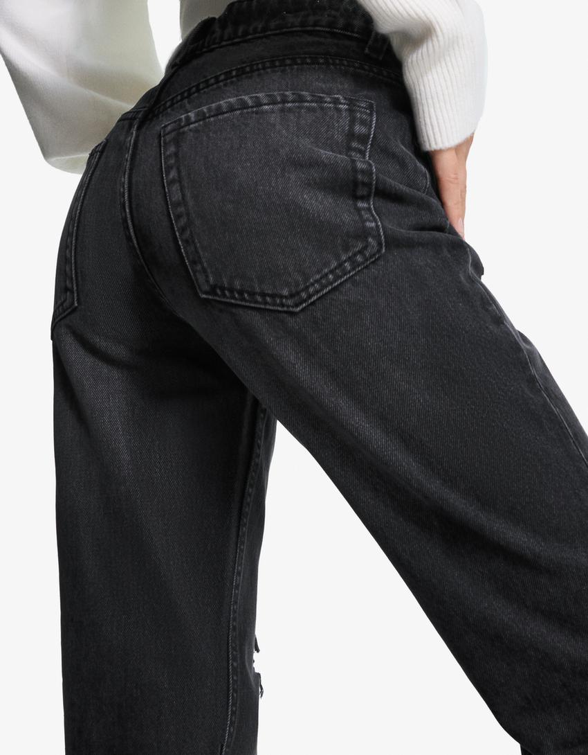 Ripped cropped straight-leg jeans-Black