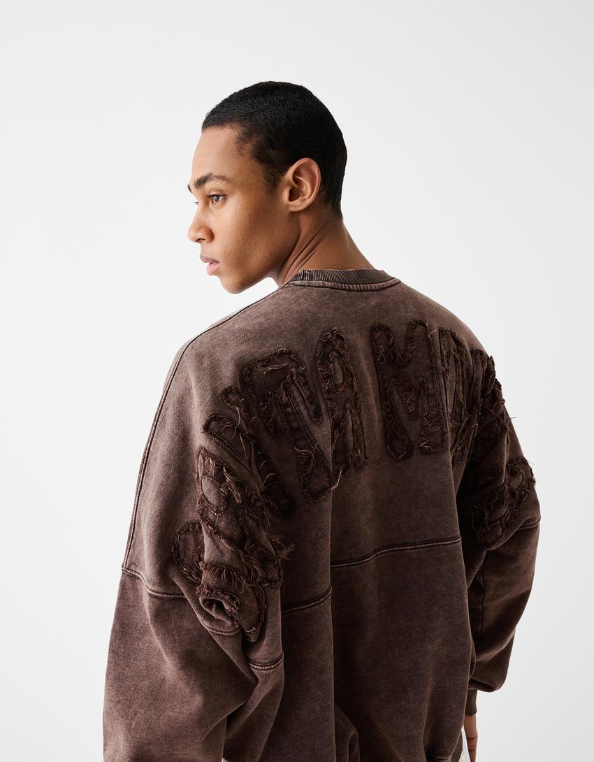 Sweat col rond effet délavé broderie-Marron-2