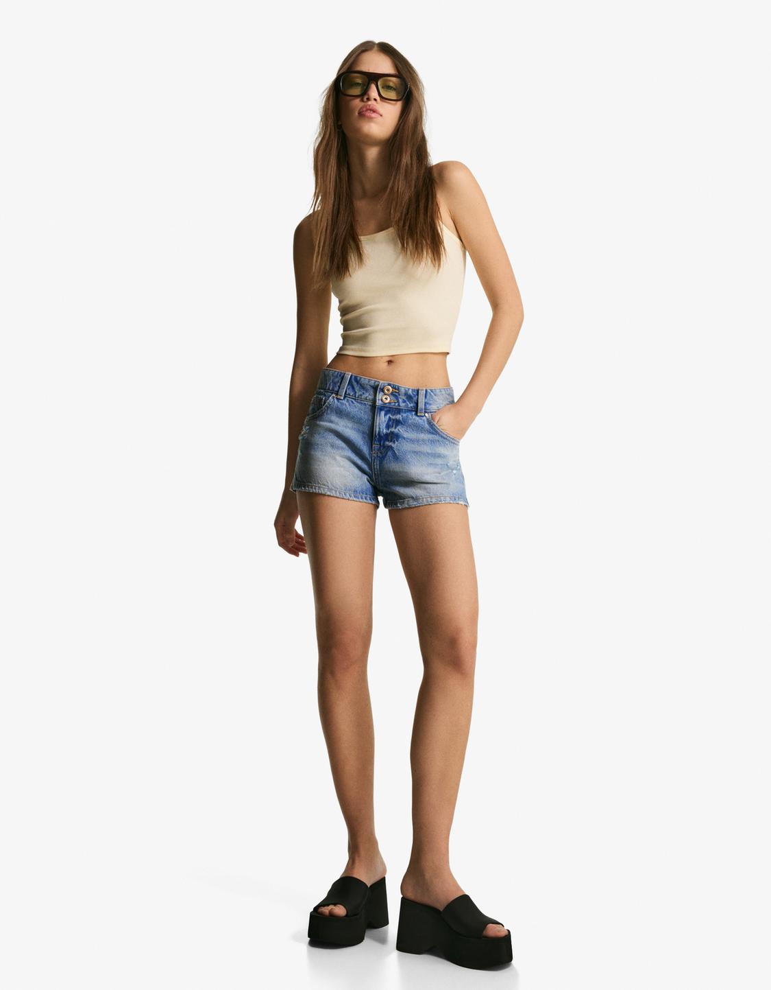 Printed denim shorts