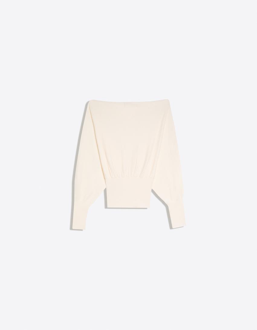 Striped asymmetric neck sweater-Cream