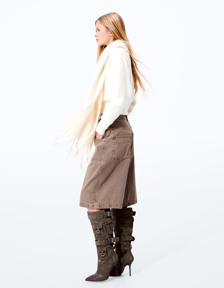 Multi-pocket high-heel boots with metal details-KHAKI