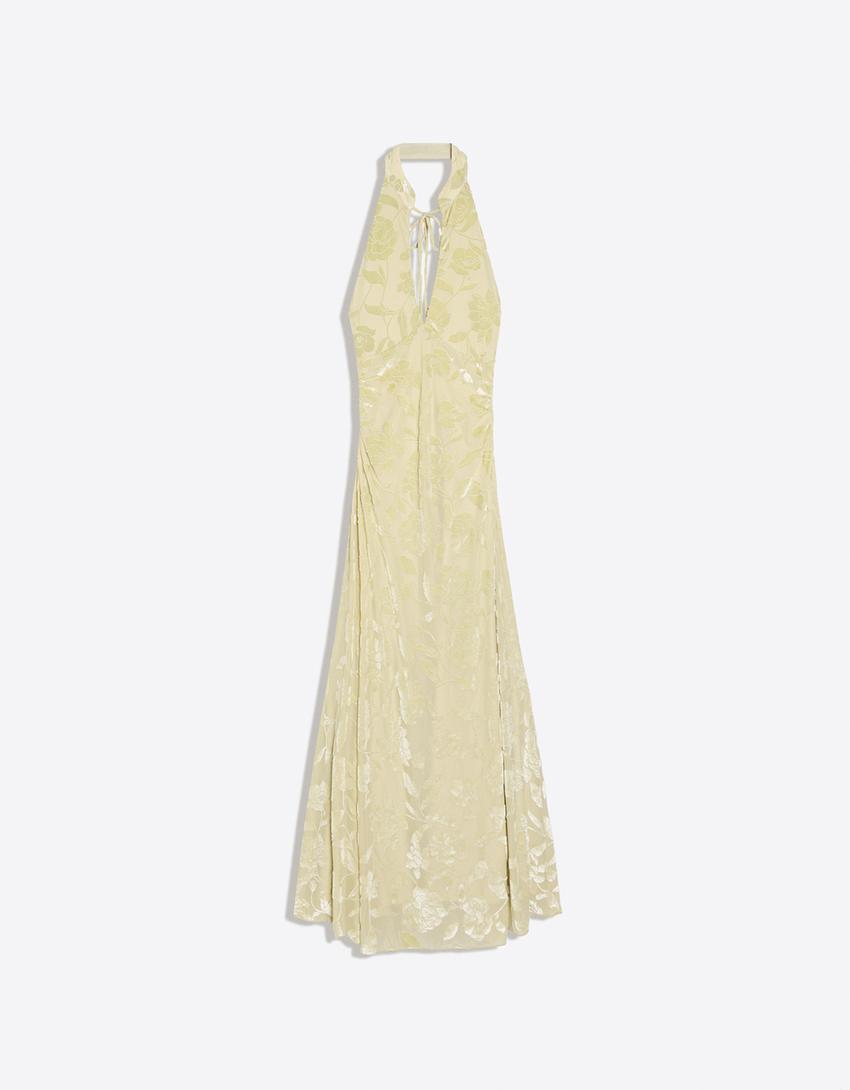 Flocked tulle halter midi dress-Green