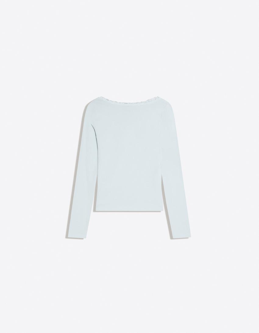 Lace long sleeve T-shirt-Light blue