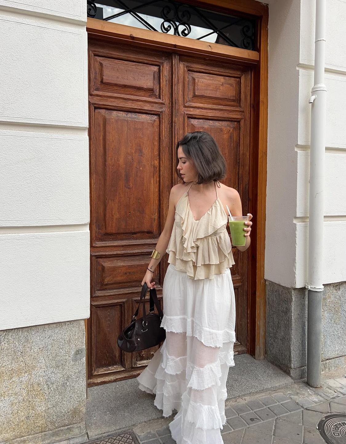 Textured strappy top with ruffles