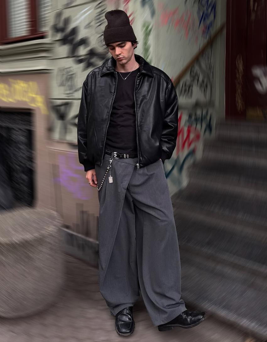 Doudoune bouffante similicuir-Noir
