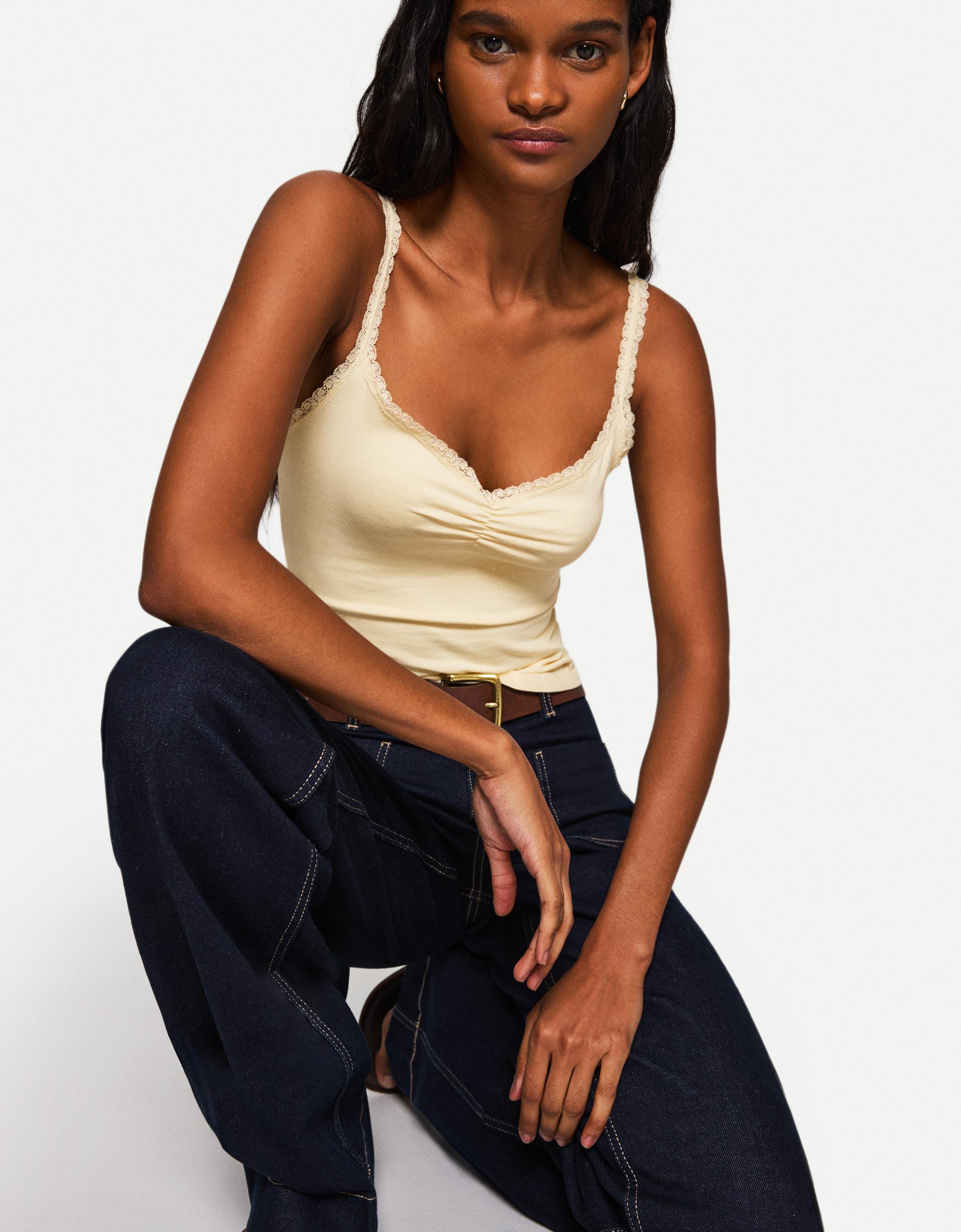 Bershka Trägertop Mit Spitze Damen L Gelb