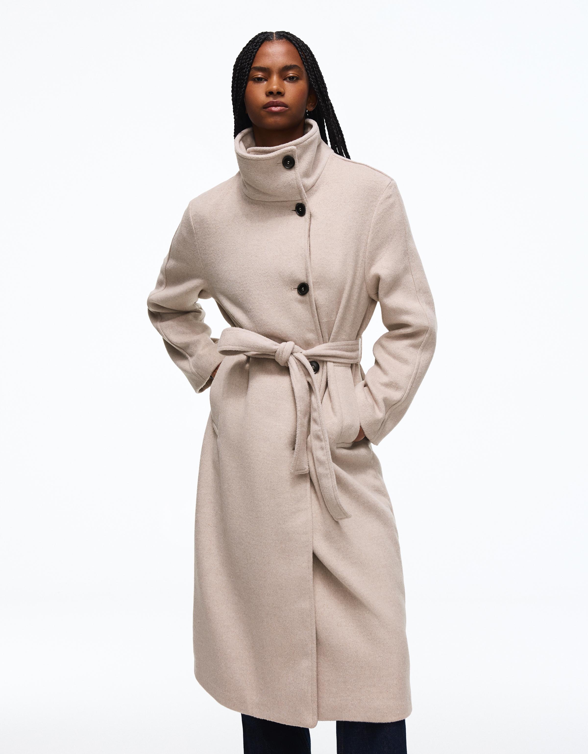 Long funnel neck coat with belt — Sand