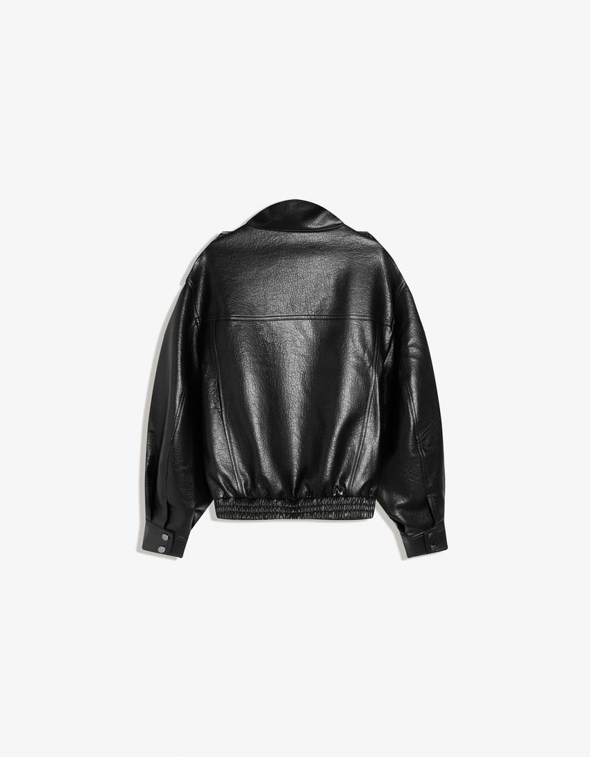 Faux leather funnel collar jacket-Black