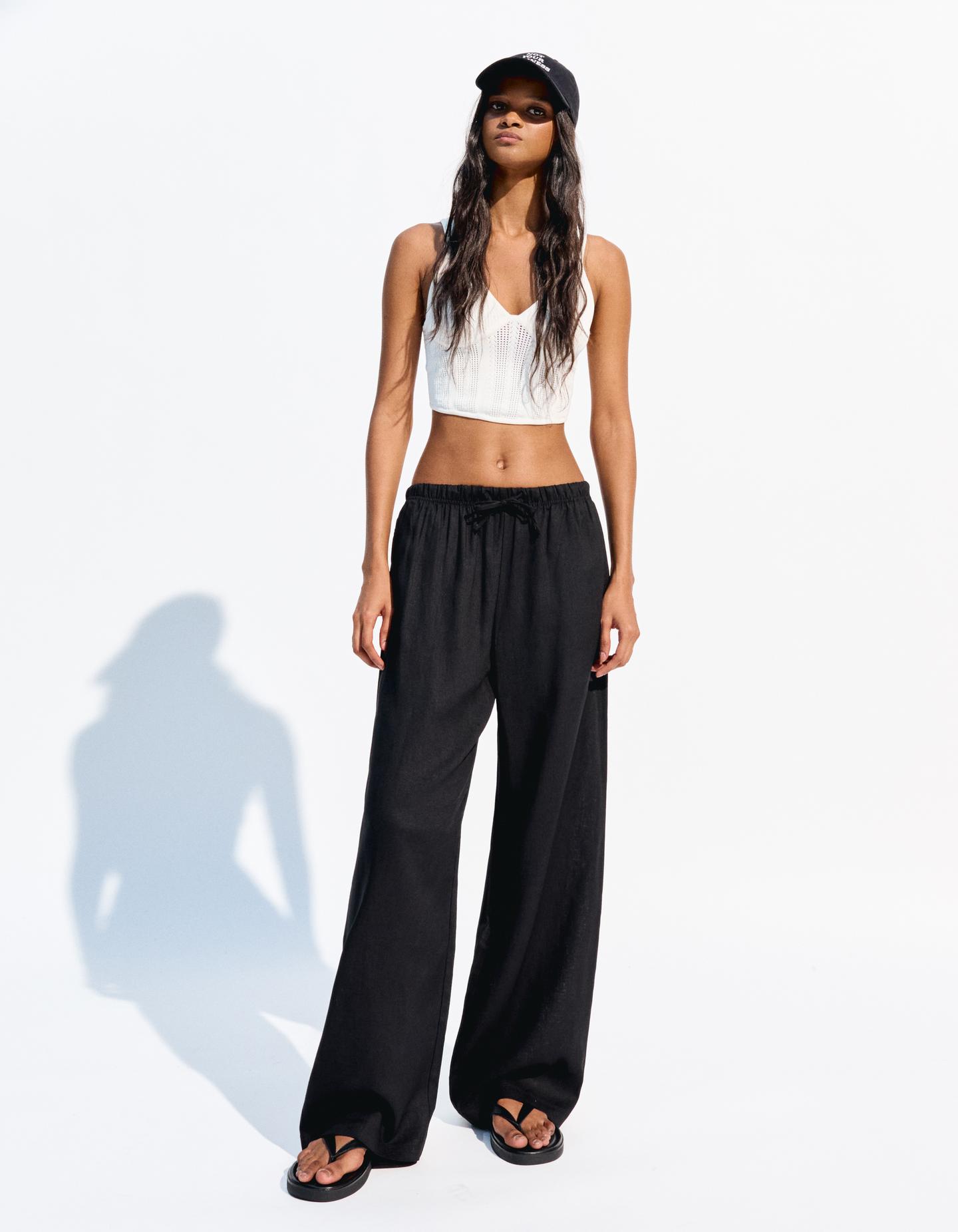 Bershka Hose Mit Leinen Und Gummizugbund Damen S Schwarz