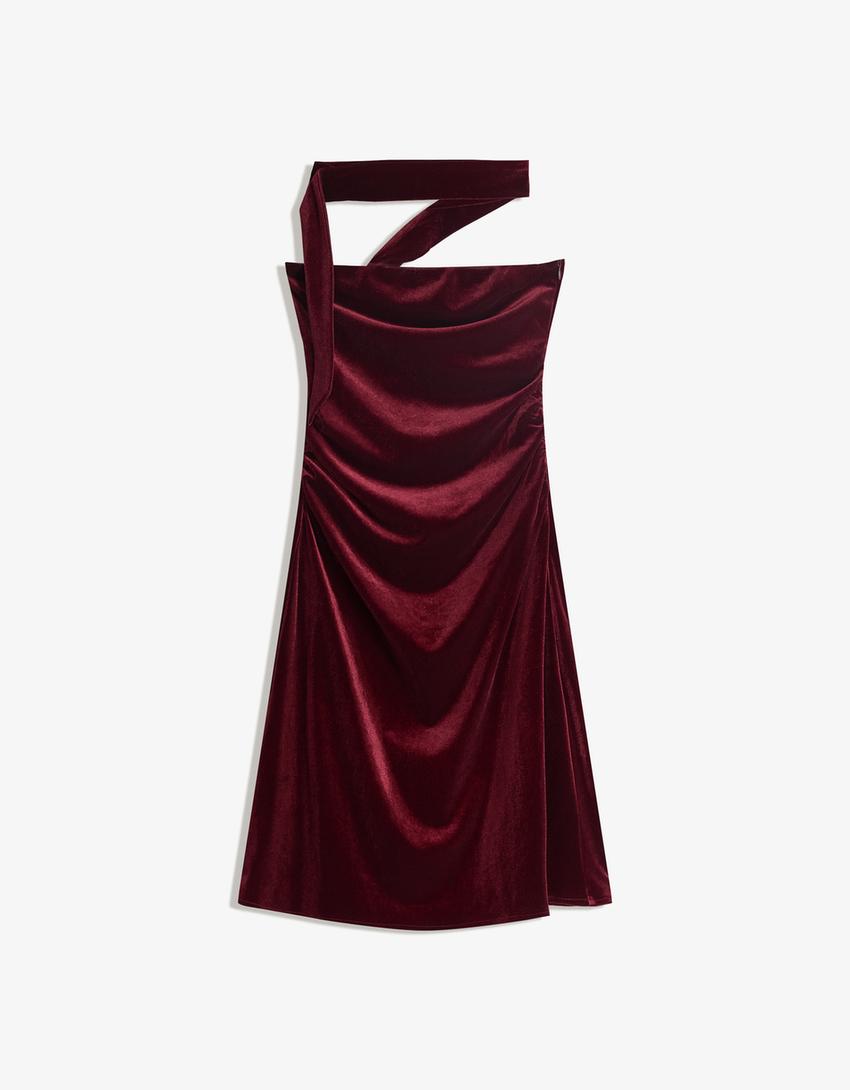 Vestido mini bandeau velvet pañuelo-Burdeos