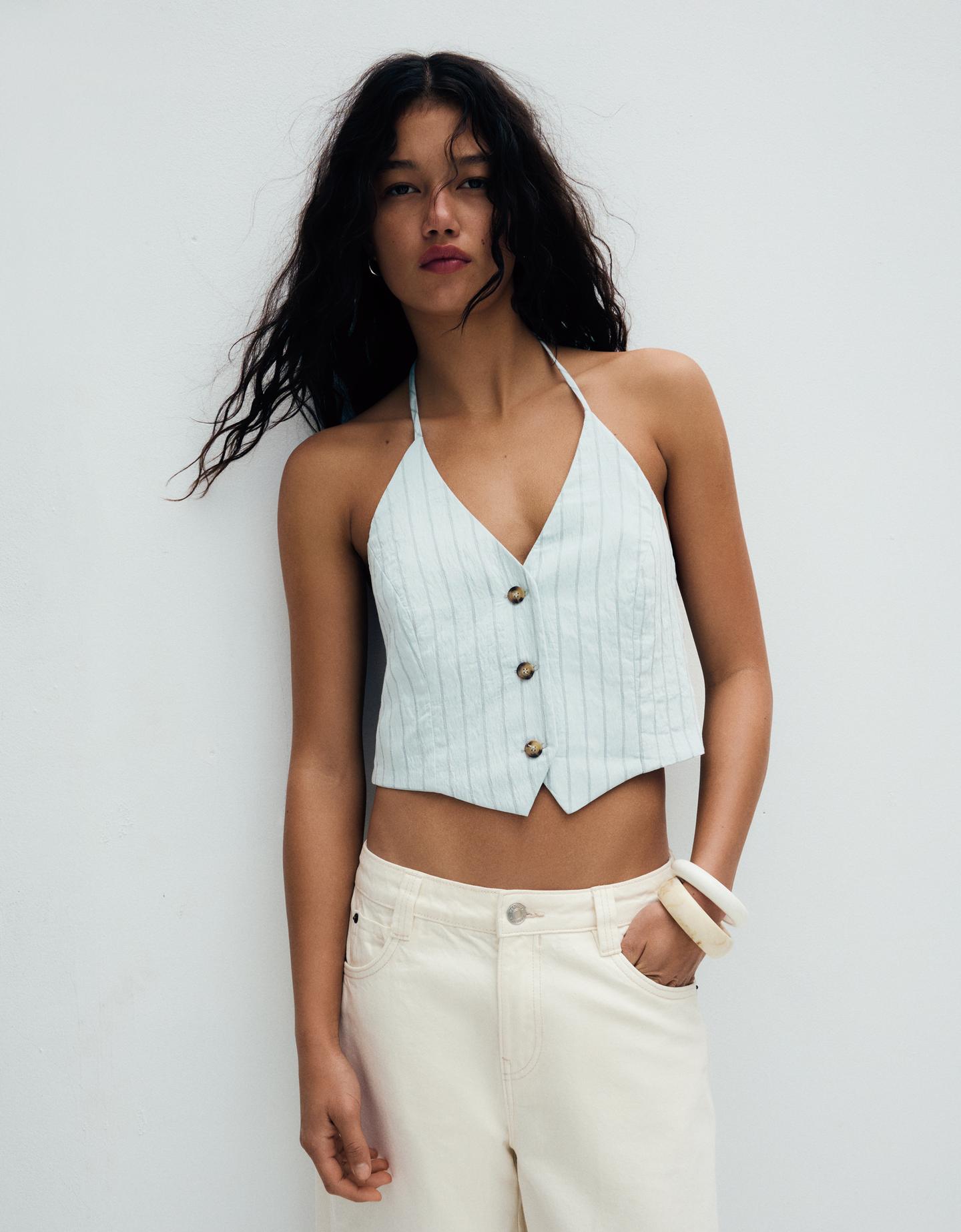 Bershka kamizelka halter w paski jasny niebieski