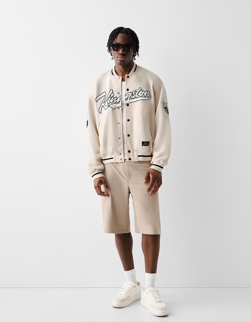 Faux suede embroidered bomber jacket-Off white-3