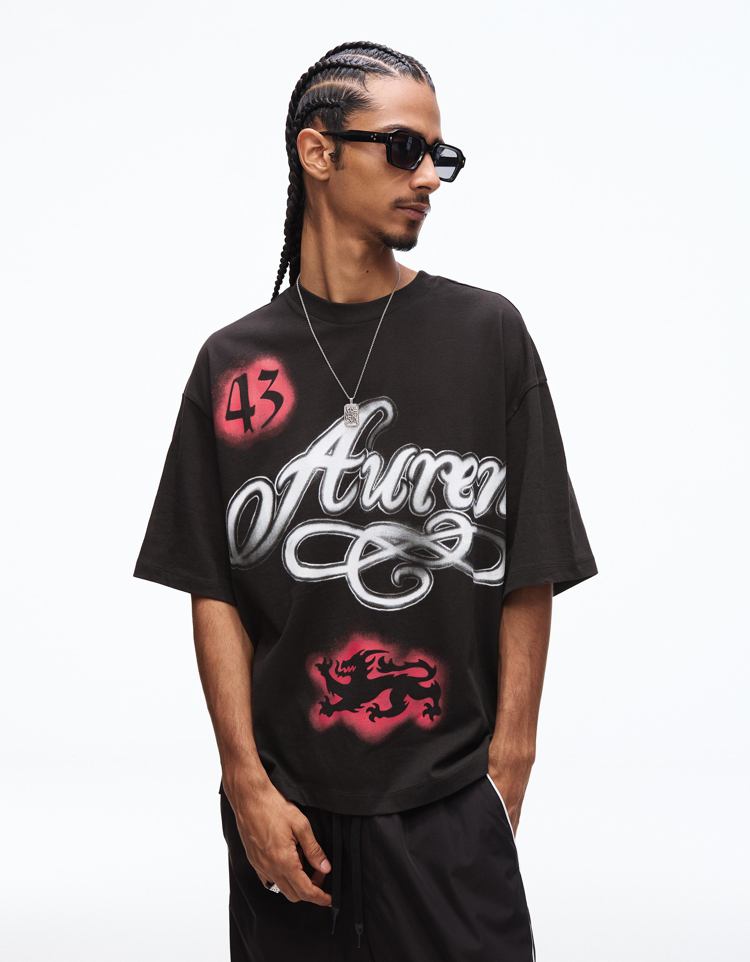 Bershka Boxy T-Shirt Mit Kurzen Ärmeln Und Print Herren Xl Schwarz