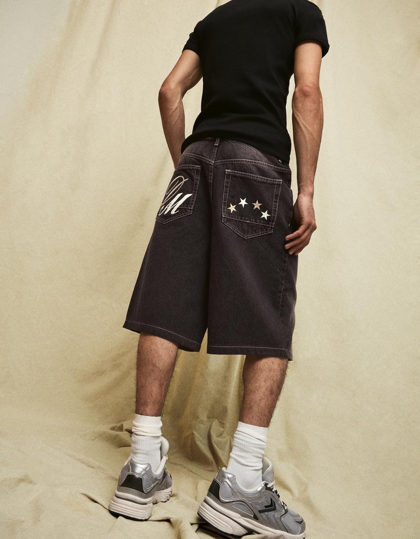 Bermuda jean super baggy brodée-Marron