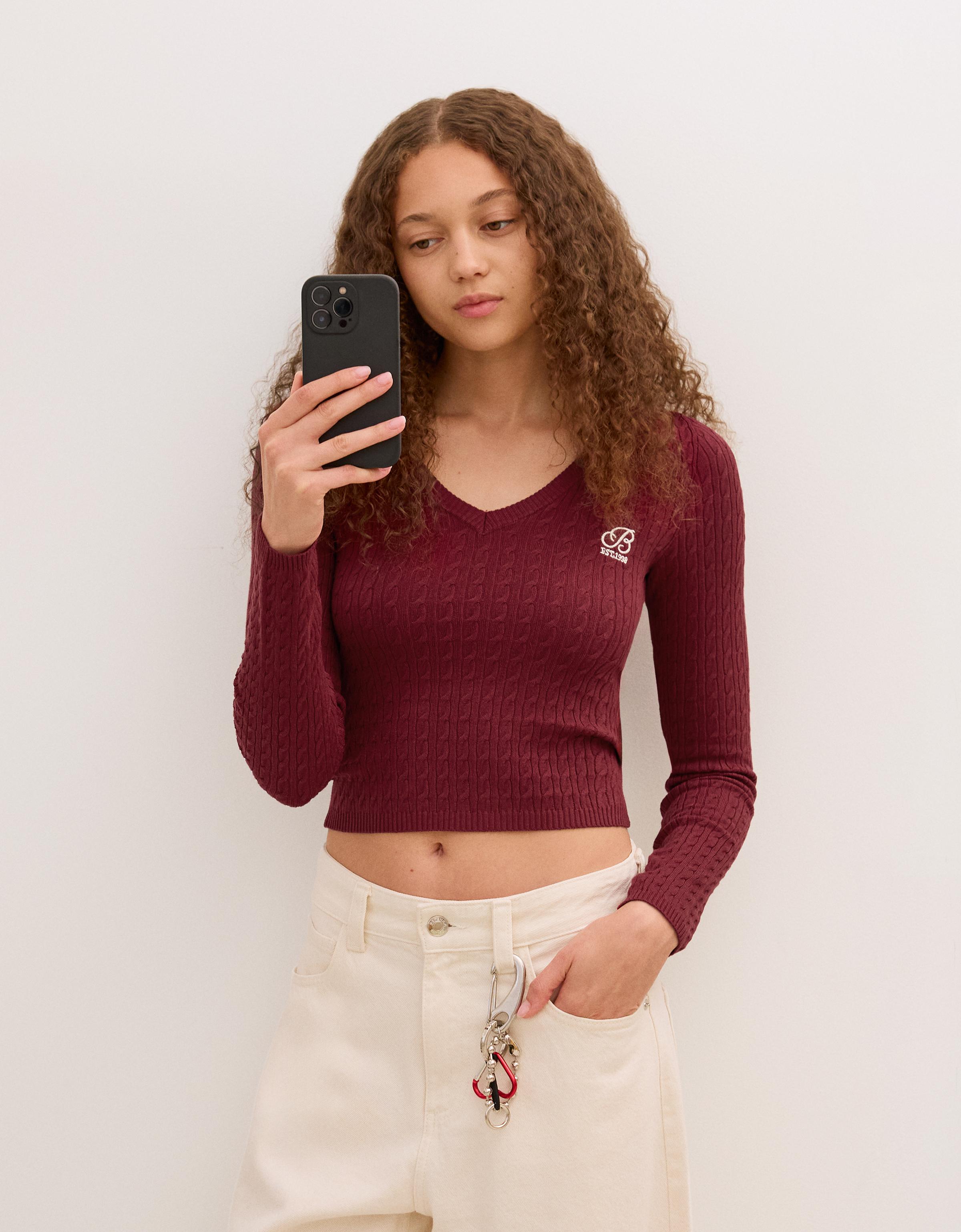 Bershka Bestickter Zopfstrickpullover Damen M Granatrot