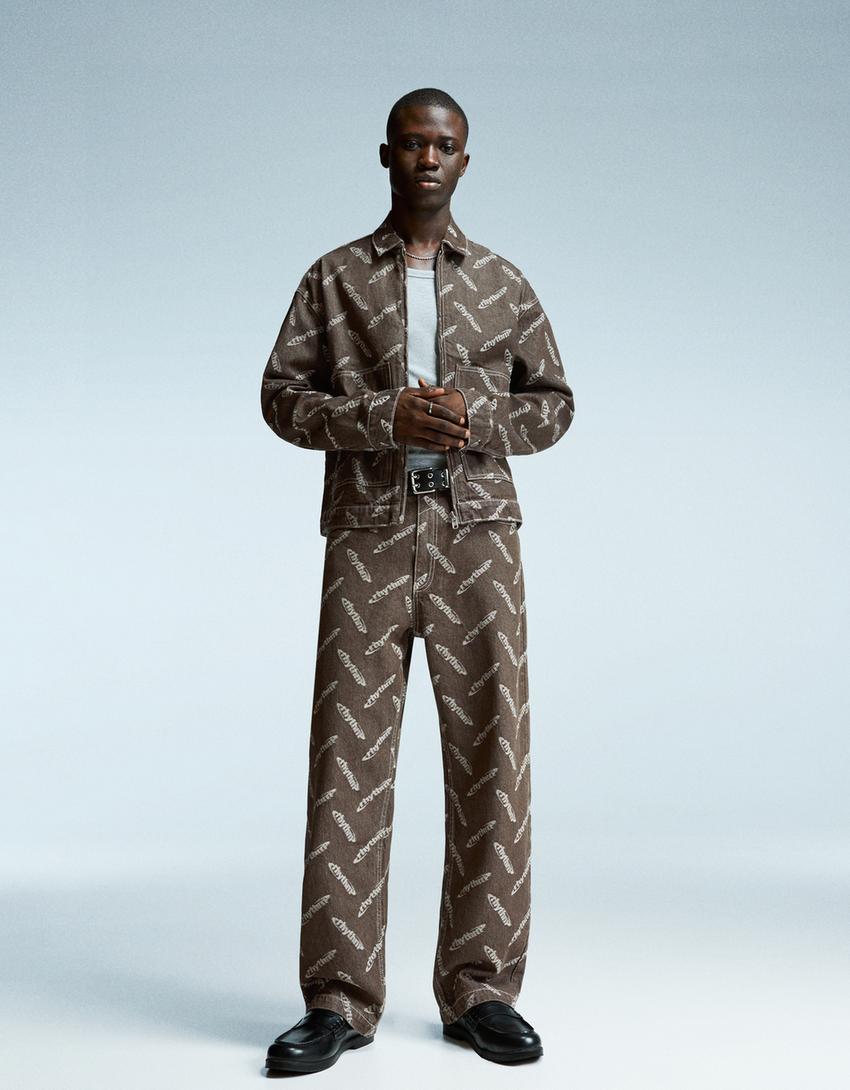 Cazadora denim jacquard-Marrón-2